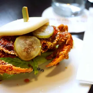 Soft Shell Bao: fried soft shell crab, lettuce, pickled cucumber, spicy mayo ($12/pc). $10 if ordering a Momosan Set with ramen.