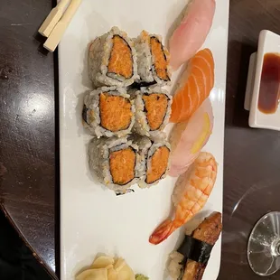 Sushi lunch set with a piece of lean tuna nigiri already eaten