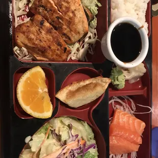 Salmon teriyaki with salmon sashimi bento