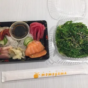 Surf Clam, Tuna, Yellowtail, and Salmon with a Seaweed Salad! Hole in the wall but reliably tasty!