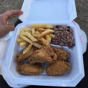 a tray of fried chicken and french fries