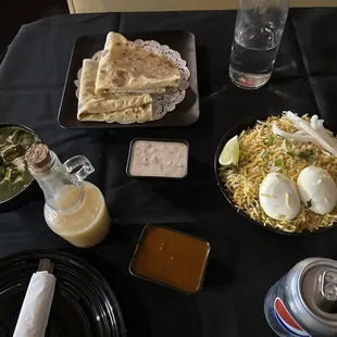 a table with food and drinks