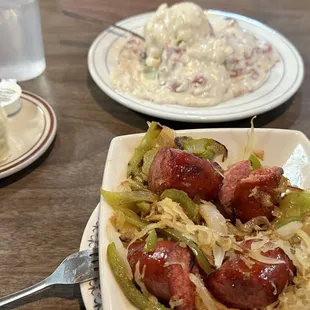 Chiped beef on a biscuit and German Casserole.
