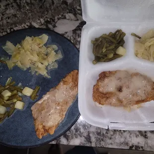 One meal on a plate, another in the container.