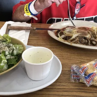 Chopped steak gravy mashed potatoes and salad with homemade ranch.