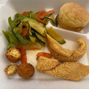 2 pc fried catfish meal (senior plate) + 1 side &amp; roll. There is a full size version of this that comes with 4 pcs of catfish + 2 sides