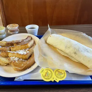 Big breakfast burrito and French Toast!! The green salsa is a must!