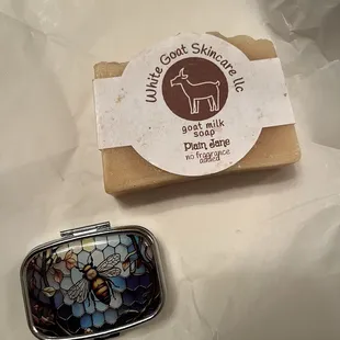 Pill box and goat soap