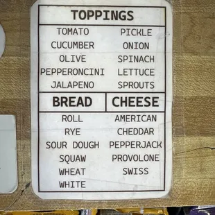 Options for sandwiches