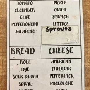 Toppings, Bread, and Cheese Options