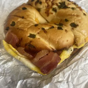 Jalapeño bagel with bacon egg and cheddar cheese