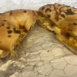 Jalapeño Bagel with bacon egg and cheddar cheese