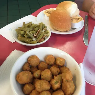 Rolls, green beans, and fried okra
