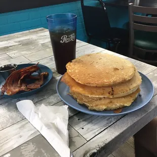 Huge pancakes and extra crispy bacon
