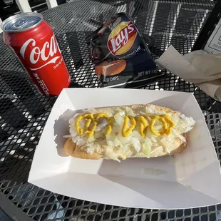 You can order off the menu. Sauerkraut, Onion, Mustard Dog!!
