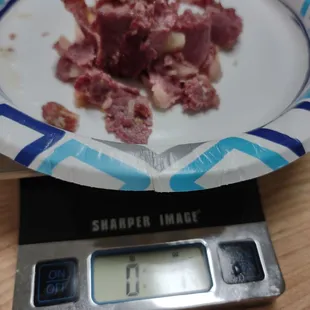 Weighed the bits of corned beef. Less than 2 oz.