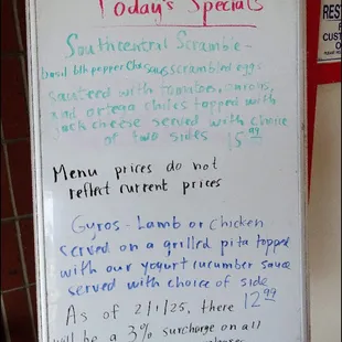 The white board, with today's specials.