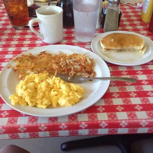 Actually crispy hash browns. Not crunchy. Fluffy pancakes. Eggs will do. Not bad for $5.95!!