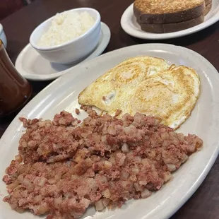 Hash eggs and grits