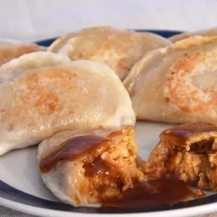 BBQ Chicken pierogi.  Roasted chicken with Colby Jack cheese, sweet onion and a smokey BBQ sauce.