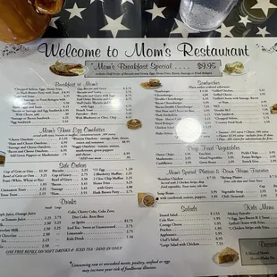 Mom&apos;s menu, under plexiglass on the table.