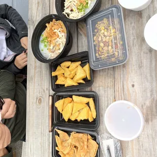 Fried Wonton, fried Shan Tofu (ethnic food from north-eastern Burma), tea leave salad (covered box), Shan noodle and Mee-Shay