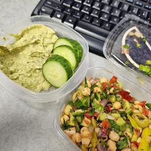 Hummus with cucumber and garbanzo salad