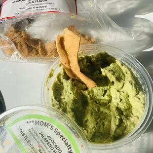 Avocado jalapeño and garlic pita chips *my fat a** ate almost all the chips before I took the pic