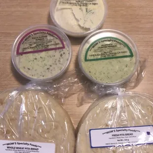 Hummus:Jalapeño and cilantro, kale and almond, garlic and chives (my favorite) Bread: whole wheat (my favorite), &amp; fresh.