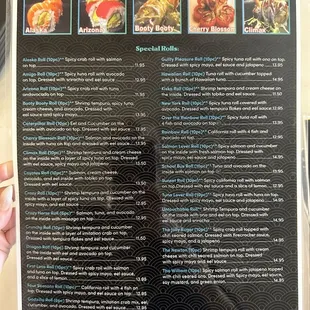 Specialty sushi rolls menu