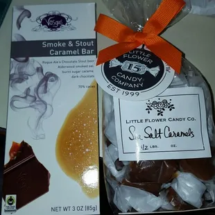 Smoke &amp; stout caramel chocolate bar, and sea salt caramels.
