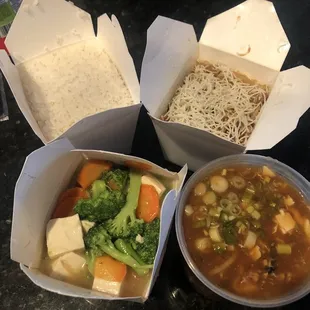 Take-out: Broccoli &amp; steamed tofu (L) Mongolian beef (L) Hot &amp; Sour Soup (L)