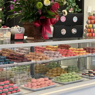 Full pastry case of fresh macarons