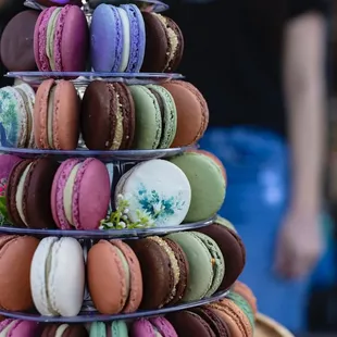 a stack of colorful macarons