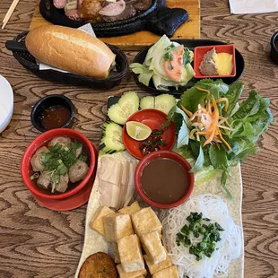 Bò Né, Bowl of Meatball Soup (pho broth w/ meatballs), and bún đậu mắm tôm