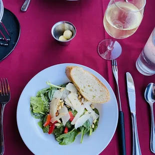 Caesar salad and the seasonal spring spinach pesto salad.
