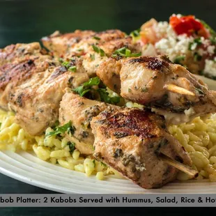 Appetizing chicken kabob platters served with humus, salad, rice and pita bread