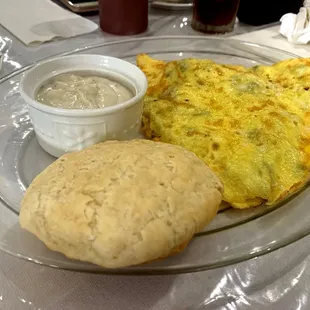 Western Omelette &amp; Biscuit and Gravy. Gravy tastes like it's from a package but still good. The Omelette was really good, lots of filling.