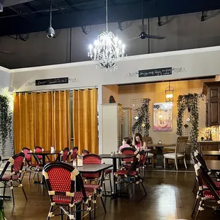 Dining space - beverage center (tea, coffee, cups and glasses are behind the yellow curtain)