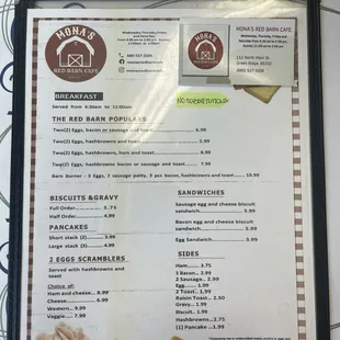 Breakfast side of the menu