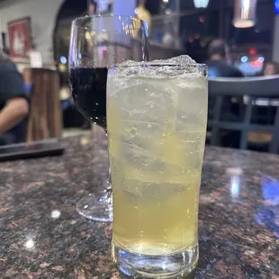 a glass of wine and a drink