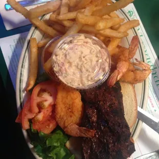The shrimp macaroni salad is the best...flat-iron steak (med) &amp; 4 fried shrimp w/fries were good &amp; only $17.99..Nice spot!