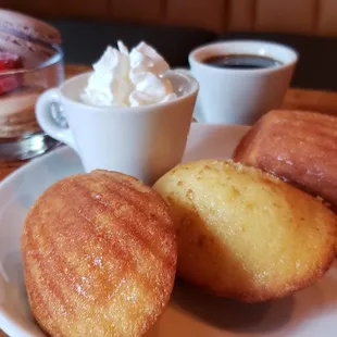 Madelines, only 2.50 each this French butter cake is baked fresh daily and pairs perfectly with a hot cup of tea or coffee