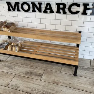 a bench with bread on it