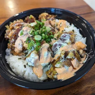 Crispy garlic chili oil and wasabi poke - poke bowl