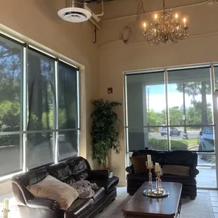 Cozy seating area with plenty of free parking outside.