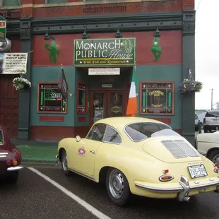 Exterior view of a 1965 Porsche 356C outside the Monarch Public House during the Walleye 1000 Vintage Rally, June 2013.