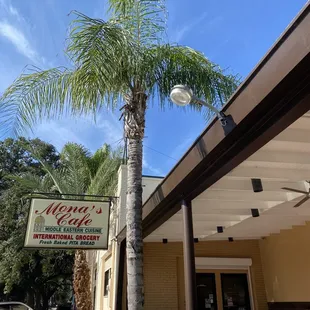 a palm tree in front of a restaurant