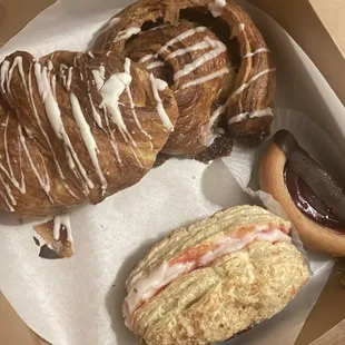 White Chocolate Croissant, Cinnamon Snail Roll, Raspberry Tart, French Waffle
