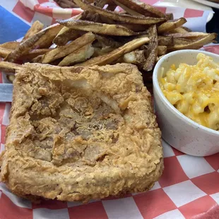 Deep fried grilled cheese, macaroni side (bleh), and fries